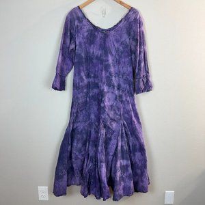 Vintage Phool Maxi Dress Large Purple 3/4 Sleeve Tie Dye Hippie Boho Cotton‎